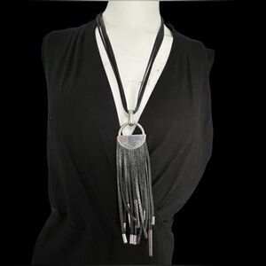 Black Suede & Silver Tassel Pendant Necklace